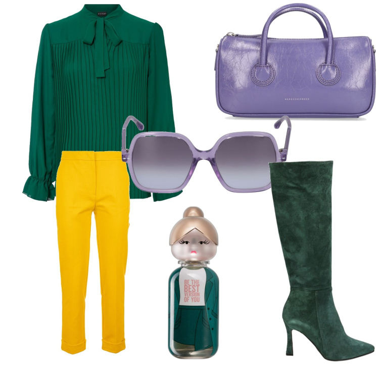 Outfit donna - Sogno di mezza estate. Stile Chic per Ufficio. Abbinamento con bluse, profumi, pantaloni, stivali, occhiali da sole, borse a mano.