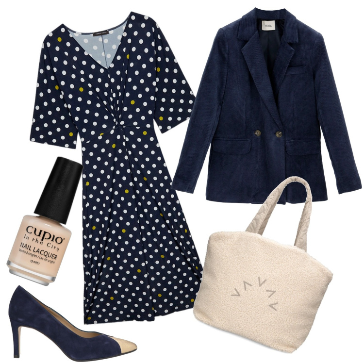 Outfit donna - Sabato a pois. Stile Bon Ton per Tutti i giorni. Abbinamento con décolleté, smalti, blazer, vestiti, shopping bag.
