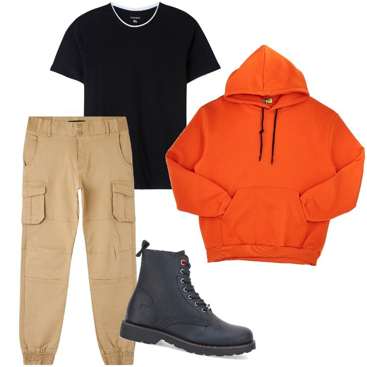 Outfit uomo - Total look #1816414. Stile Urban per Tutti i giorni. Abbinamento con t-shirt, pantaloni cargo, felpe con cappuccio, stivali e stivaletti.
