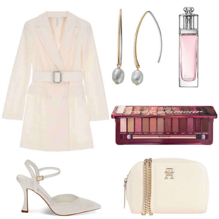 Outfit donna - Eleganza in bianco. Stile Glamour per Serata fuori. Abbinamento con orecchini, borse a tracolla, profumi, ombretti, vestiti corti, décolleté.