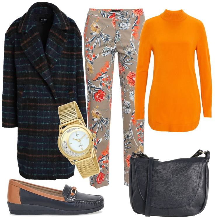 Outfit donna - Un po di colore a Febbraio. Stile Casual chic per Tutti i giorni. Abbinamento con pantaloni, maglieria, cappotti, borse a tracolla, orologi, mocassini.