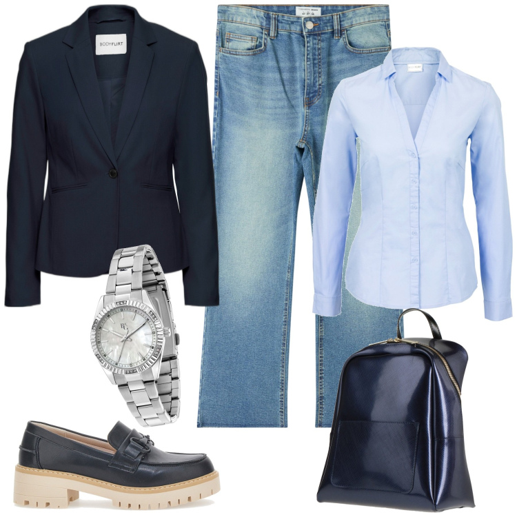 Outfit donna - Mannish in jeans. Stile Casual chic per Tutti i giorni. Abbinamento con camicie, blazer, zaini, orologi, jeans, mocassini.