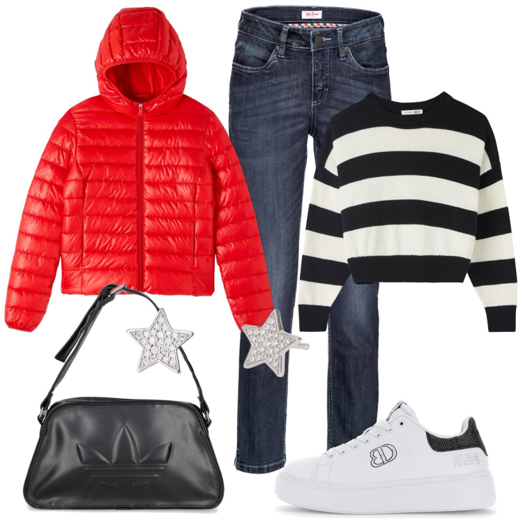 Outfit donna - Più semplice di così....... Stile Casual chic per Tutti i giorni. Abbinamento con jeans, piumini, maglieria, orecchini, borse a tracolla, sneakers.