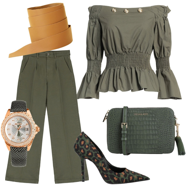 Outfit donna - Verde. Stile Casual per Tutti i giorni. Abbinamento con borse a tracolla, décolleté, top, orologi, cinture, pantaloni a palazzo.