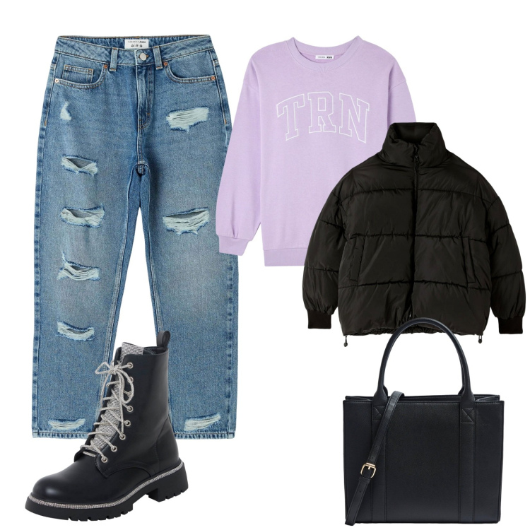 Outfit donna - Look Terranova 2. Stile Trendy per Tutti i giorni. Abbinamento con jeans mom, felpe, anfibi, piumini, shopping bag.