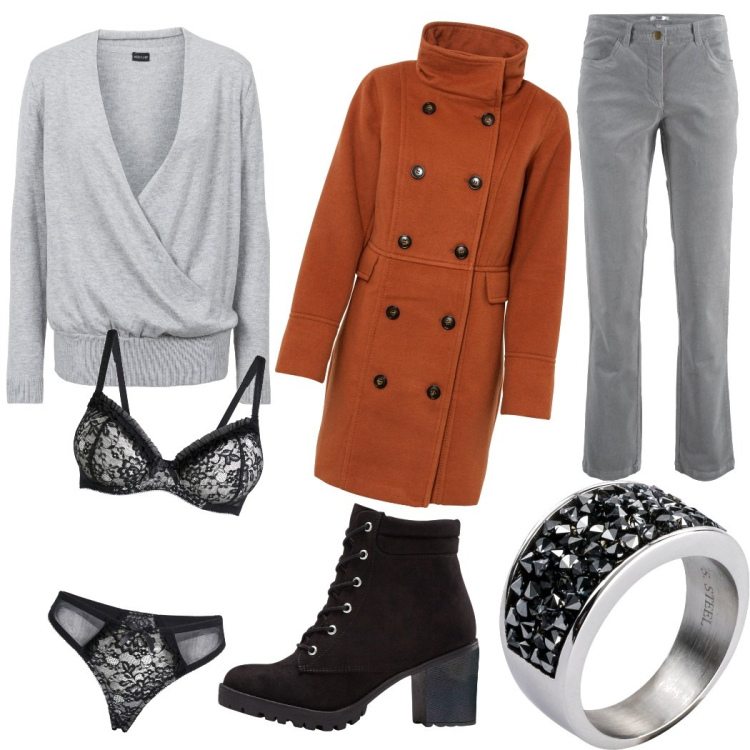 Outfit donna - Total look #1816487. Stile Casual per Serata fuori. Abbinamento con pantaloni, anelli, stivaletti, maglieria, cappotti, reggiseni.