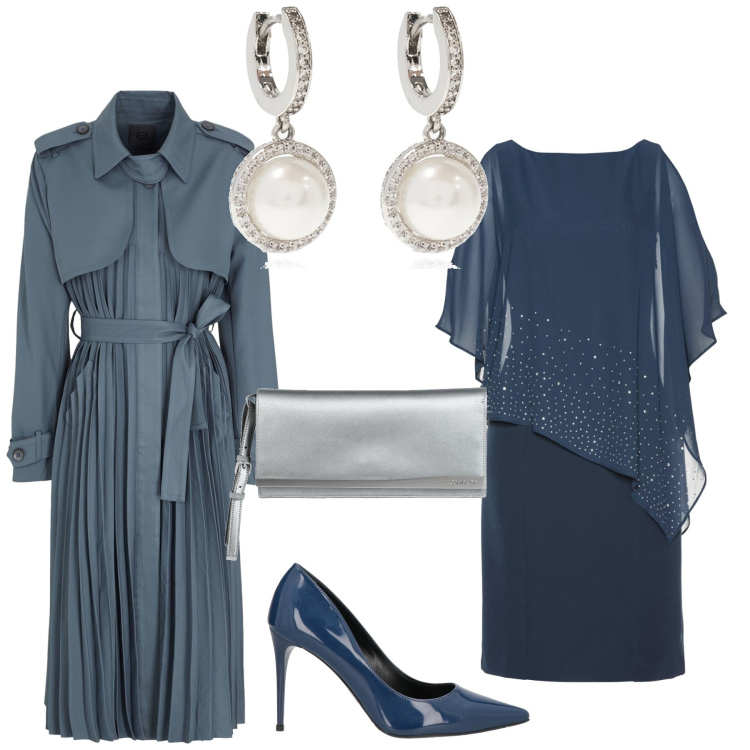 Outfit donna - Blu collection 1. Stile Chic per Cerimonia. Abbinamento con vestiti a tubino, trench, décolleté, orecchini, borse a mano.