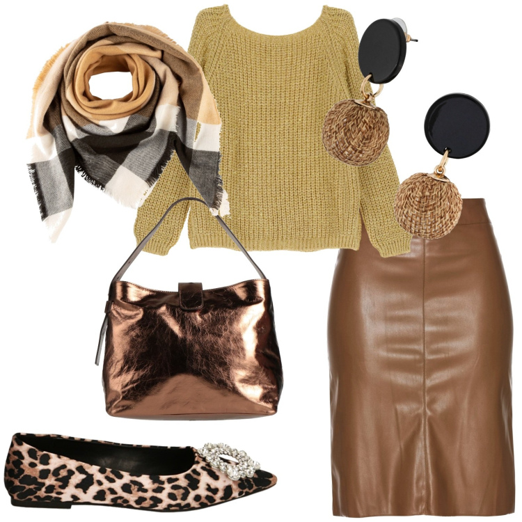 Outfit donna - Semplice ma glamour. Stile Casual chic per Tutti i giorni. Abbinamento con gonne longuette, orecchini, foulard, borse a mano, pullovers, ballerine.