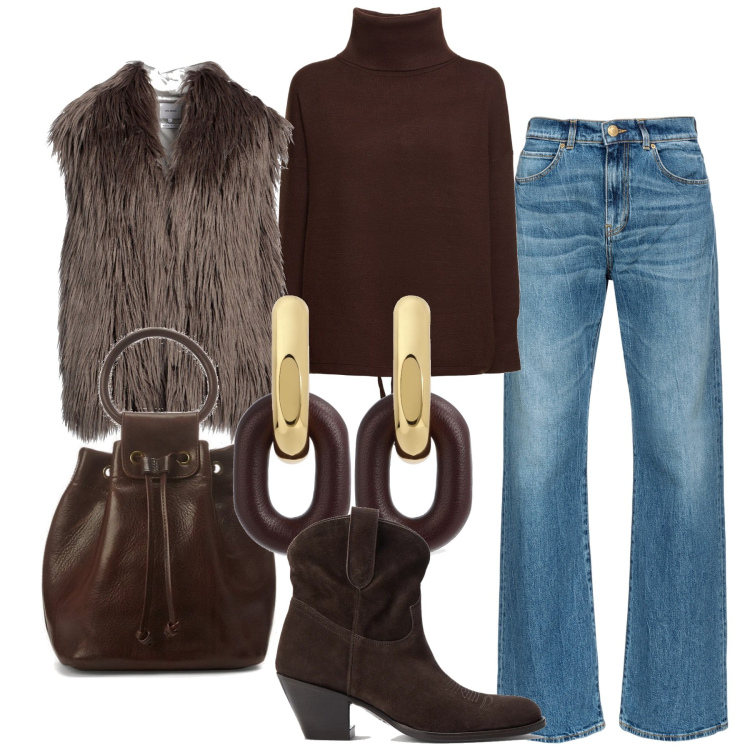 Outfit donna - Inverno moka. Stile Casual chic per Tutti i giorni. Abbinamento con blazer, jeans a zampa, stivaletti, borse a secchiello, maglieria, orecchini.