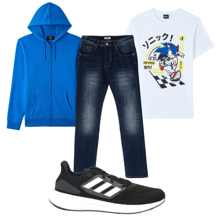 Outfit uomo - Total look #1816543. Stile Trendy per Tutti i giorni. Abbinamento con sneakers, t-shirt, felpe con cappuccio, jeans dritti.