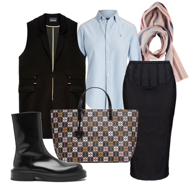 Outfit donna - Ghost outfitter - febbraio. Stile Trendy per Tutti i giorni. Abbinamento con sciarpe, gonne longuette, shopping bag, camicie, gilet, stivaletti.