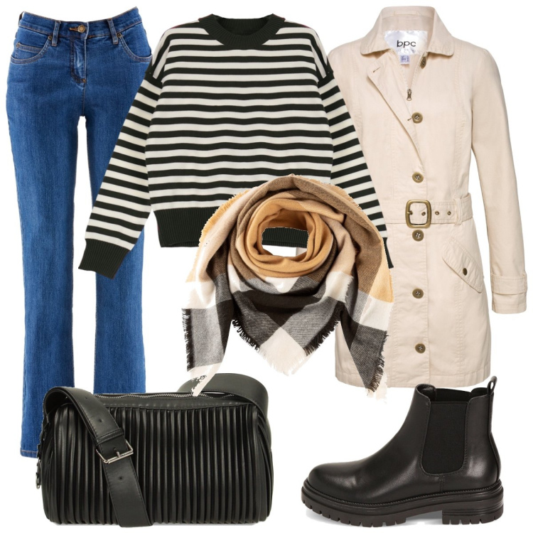 Outfit donna - Trench a fine inverno. Stile Casual per Tutti i giorni. Abbinamento con jeans dritti, trench, foulard, pullovers, stivaletti chelsea, borse a spalla.