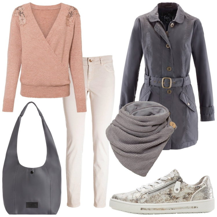 Outfit donna - Ancora trench. Stile Casual per Tutti i giorni. Abbinamento con foulard, maglieria, trench, sneakers, jeans skinny, borse a spalla.