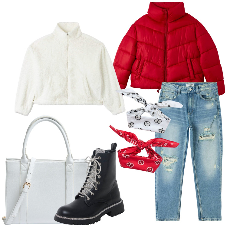 Outfit donna - Total look #1816607. Stile Casual per Tutti i giorni. Abbinamento con jeans mom, piumini, felpe, anfibi, shopping bag, fasce per capelli.