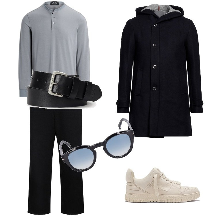 Outfit uomo - Total look #1816624. Stile Urban per Tutti i giorni. Abbinamento con cappotti, cinture, maglieria, sneakers, occhiali da sole, pantaloni.