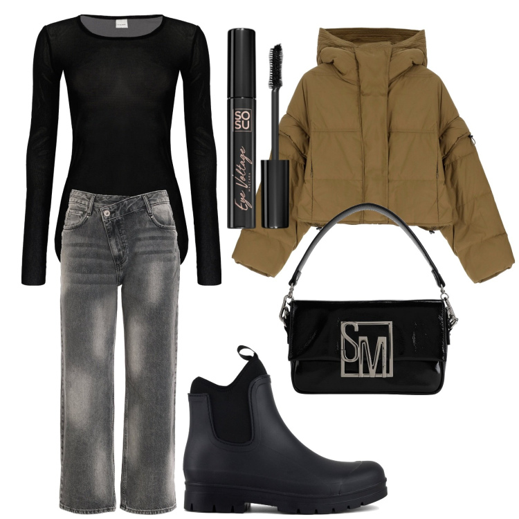 Outfit donna - Total look #1816639. Stile Urban per Tutti i giorni. Abbinamento con borse a mano, mascara, maglieria, jeans, piumini, stivali.