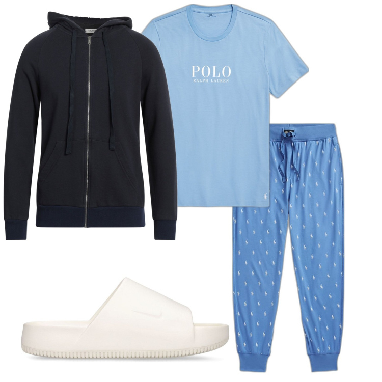 Outfit uomo - Buonanotte. Stile Casual per Tutti i giorni. Abbinamento con felpe con cappuccio, t-shirt, pantaloni, sandali.