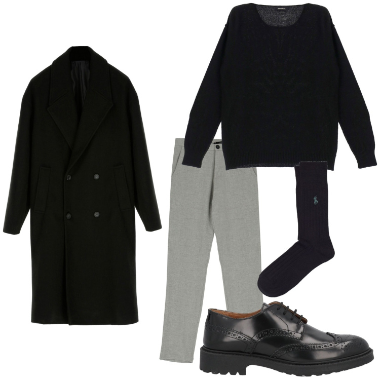 Outfit uomo - Cappotto doppiopetto. Stile Business/Elegante per Tutti i giorni. Abbinamento con scarpe stringate, pantaloni, cappotti, pullovers, calzini.
