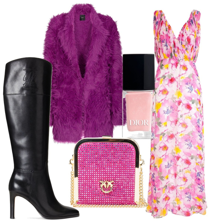 Outfit donna - Total look #1816650. Stile Trendy per Serata fuori. Abbinamento con stivali, smalti, clutch, cappotti, vestiti lunghi.