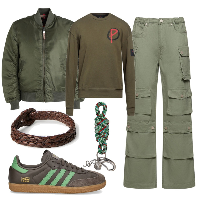 Outfit uomo - Total look #1816663. Stile Urban per Tutti i giorni. Abbinamento con felpe, giacche, braccialetti, sneakers, pantaloni cargo, portachiavi.