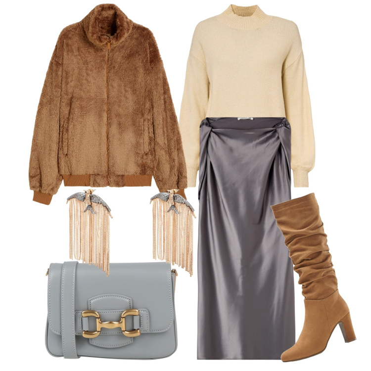 Outfit donna - Inverno chic skirt. Stile Chic per Serata fuori. Abbinamento con stivali, maglieria, borse a tracolla, vestiti corti, blazer, orecchini.