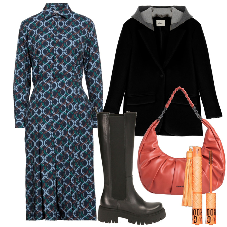 Outfit donna - Giornata di pioggia. Stile Casual chic per Tutti i giorni. Abbinamento con borse a spalla, vestiti chemisier, mascara, stivali, cappotti.