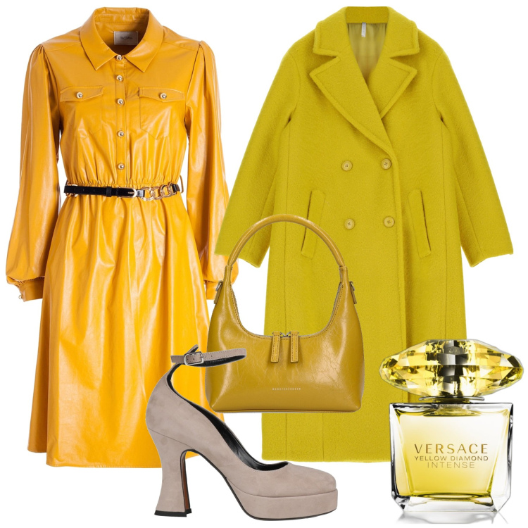 Outfit donna - Ecopelle gialla. Stile Chic per Ufficio. Abbinamento con décolleté, profumi, vestiti chemisier, cappotti, borse a mano.