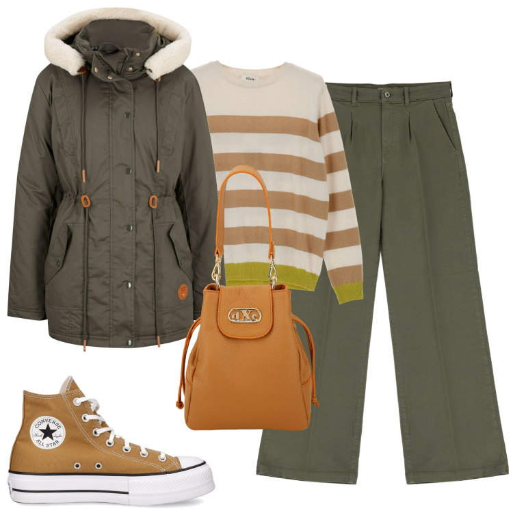 Outfit donna - City. Stile Casual chic per Tutti i giorni. Abbinamento con parka, pantaloni a palazzo, pullovers, borse a secchiello, sneakers.