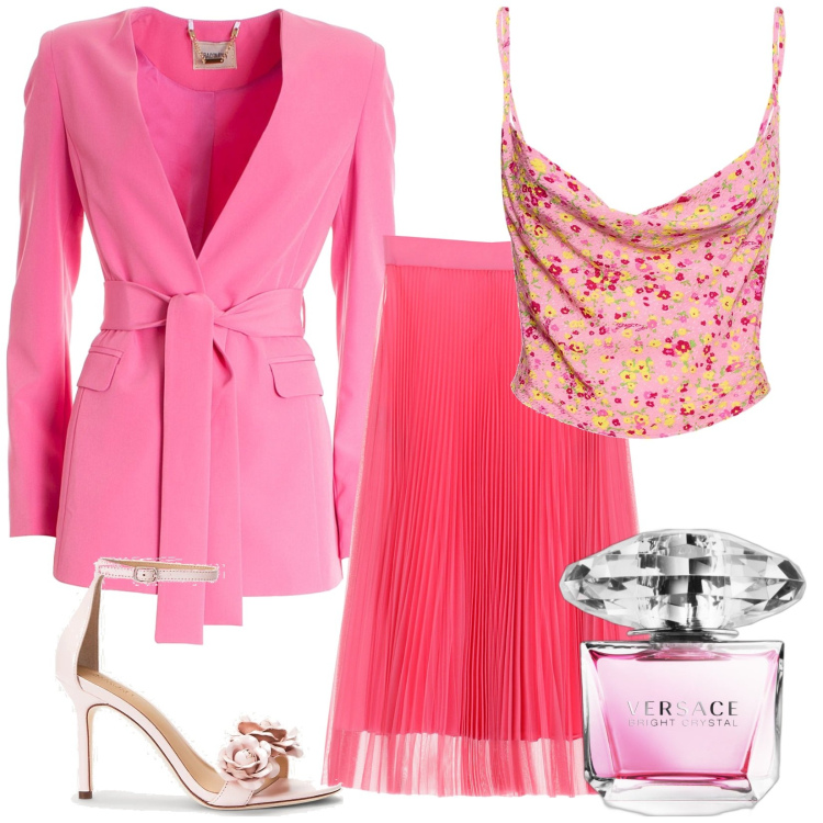 Outfit donna - Festa di primavera. Stile Bon Ton per Cerimonia. Abbinamento con profumi, gonne longuette, blazer, sandali in pelle, top.