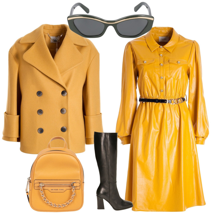 Outfit donna - Giallo e nero collection 3. Stile Casual chic per Ufficio. Abbinamento con zaini, caban, vestiti chemisier, stivali sopra il ginocchio, occhiali da sole.