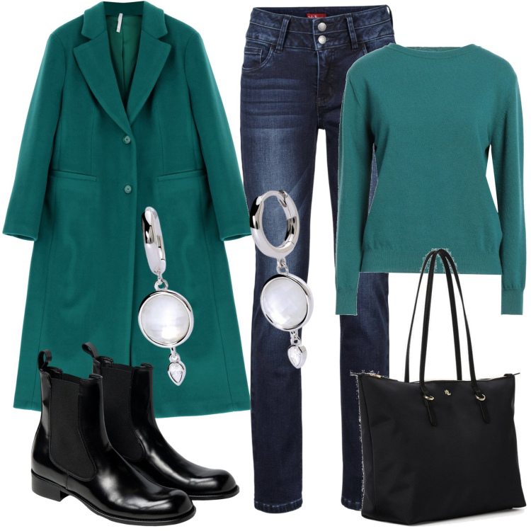 Outfit donna - Domenica in relax. Stile Casual chic per Tutti i giorni. Abbinamento con jeans, pullovers, orecchini, cappotti, borse tote, stivaletti chelsea.