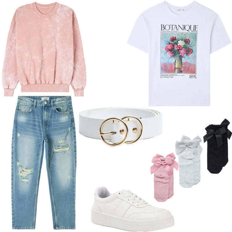 Outfit donna - Streetwear romantico. Stile Urban per Tutti i giorni. Abbinamento con felpe, jeans mom, t-shirt, calzini, sneakers, cinture.