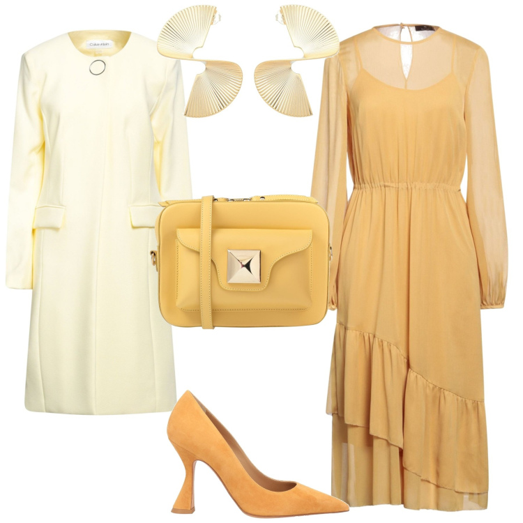 Outfit donna - Giallo collection 3. Stile Bon Ton per Cerimonia. Abbinamento con décolleté, vestiti midi/longuette, cappotti, borse a tracolla, orecchini.