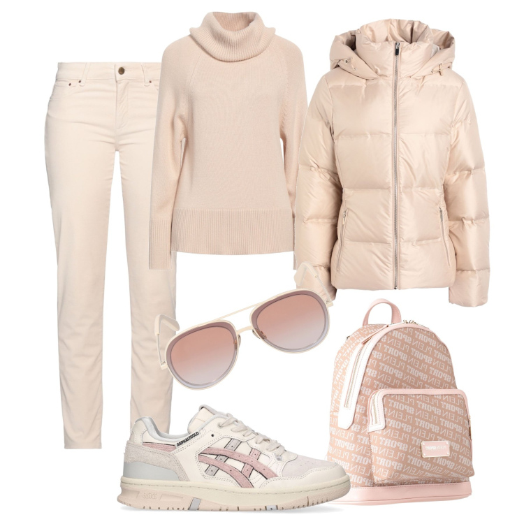 Outfit donna - Inverno rosa cipria. Stile Casual per Tutti i giorni. Abbinamento con zaini, piumini, pantaloni, maglieria, sneakers, occhiali da sole.