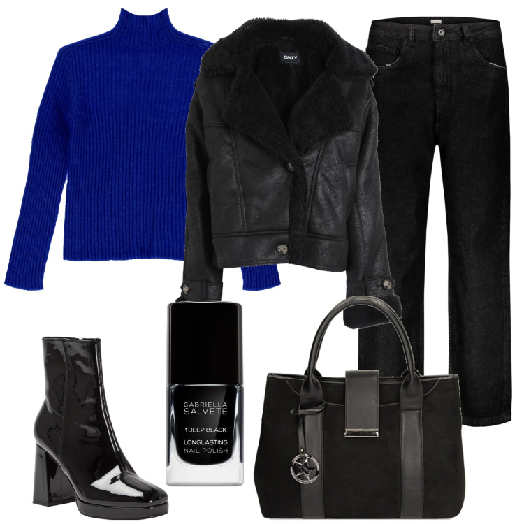 Outfit donna - Blu elettrico e nero. Stile Basic per Tutti i giorni. Abbinamento con blazer, smalti, stivaletti, pullovers, borse a mano, jeans.