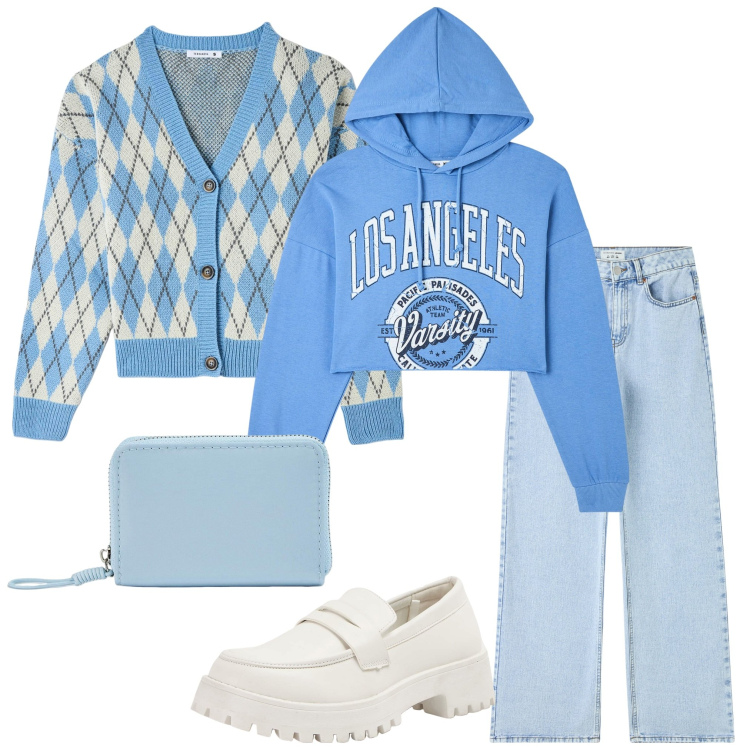 Outfit donna - Toni dell\' azzurro... Stile Casual per Scuola/Università. Abbinamento con jeans, cardigans, felpe con cappuccio, mocassini, portafogli.