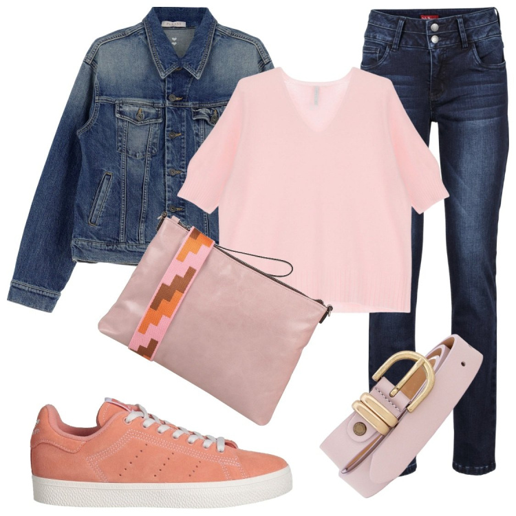 Outfit donna - Domenica in jeans. Stile Casual per Tutti i giorni. Abbinamento con jeans, sneakers, borse a tracolla, giacche, maglieria, cinture.
