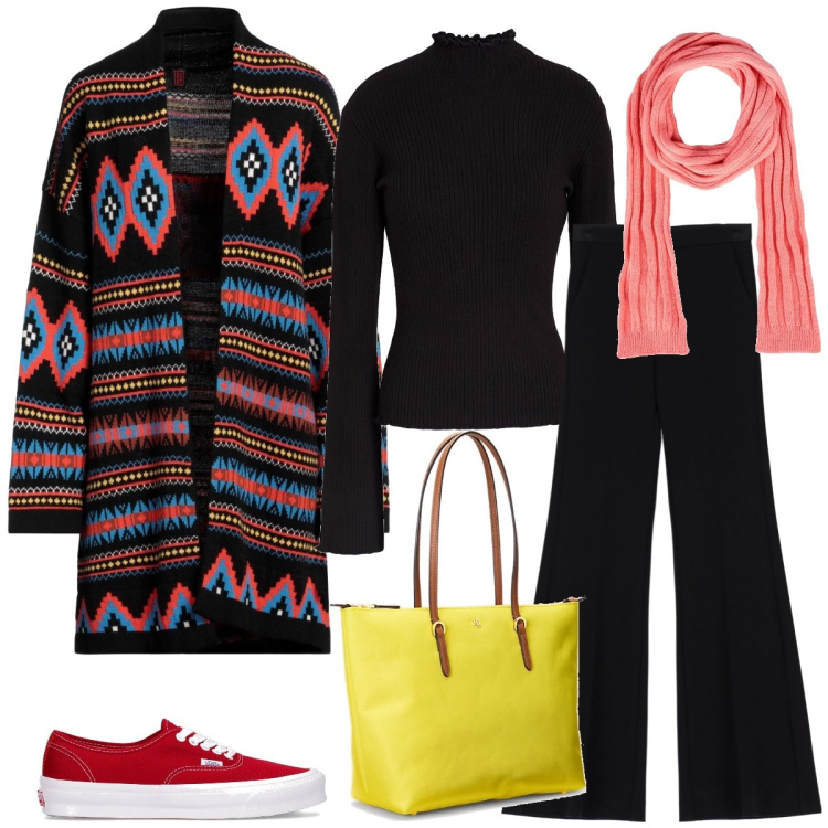 Outfit donna - Al mercato. Stile Casual per Tutti i giorni. Abbinamento con cardigans, maglieria, sciarpe, pantaloni, borse tote, sneakers.
