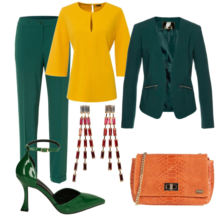 Outfit donna - Colorata in ufficio. Stile Glamour per Ufficio. Abbinamento con blazer, orecchini, pantaloni, bluse, borse a tracolla, décolleté.