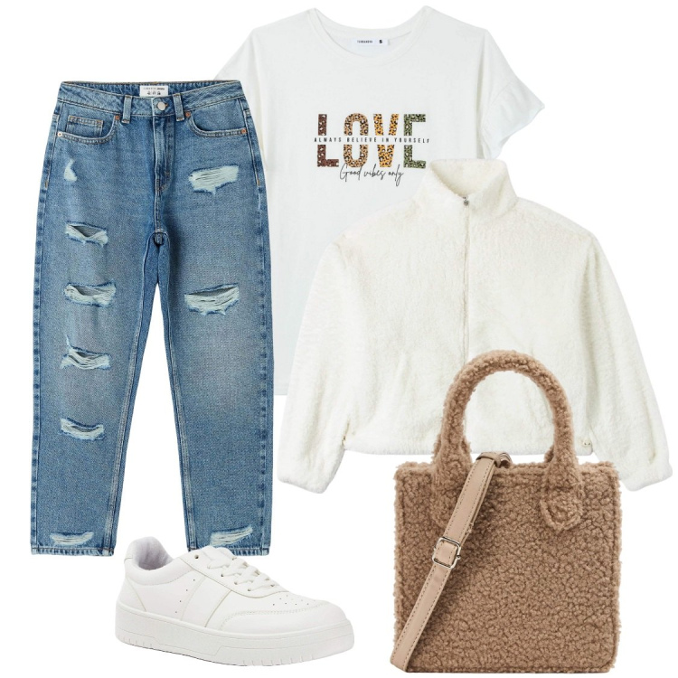 Outfit donna - Sunday love. Stile Casual per Tutti i giorni. Abbinamento con jeans mom, felpe, t-shirt, shopping bag, sneakers.
