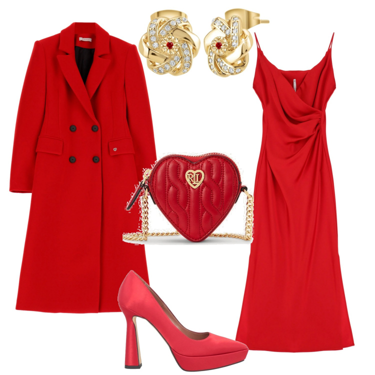 Outfit donna - Rosso San Valentino collection 3. Stile Chic per Serata fuori. Abbinamento con décolleté, orecchini, cappotti, vestiti midi/longuette, pochette.