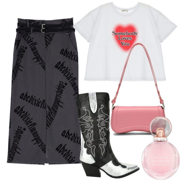 Outfit donna - San Valentino. Stile Chic per Serata fuori. Abbinamento con profumi, gonne lunghe, stivali, t-shirt, borse a spalla.