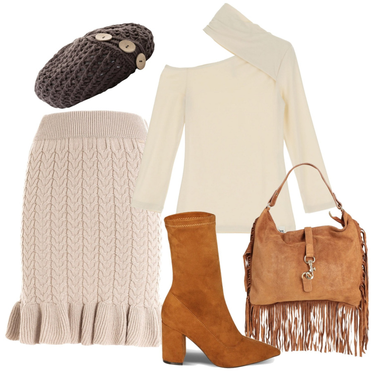 Outfit donna - Total look #1816847. Stile Boho per Tutti i giorni. Abbinamento con berretti, borse a mano, gonne longuette, maglieria, stivaletti.