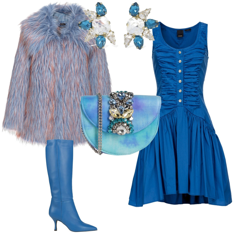 Outfit donna - Acqua marina collection 2. Stile Glamour per Serata fuori. Abbinamento con stivali, borse a tracolla, cappotti, vestiti corti, orecchini.