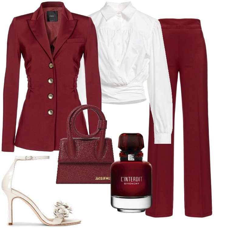 Outfit donna - Dahlia Special. Stile Casual chic per Ufficio. Abbinamento con camicie, profumi, blazer, pantaloni, sandali in pelle, borse a mano.