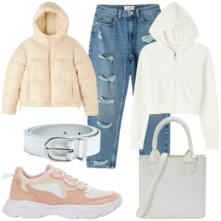 Outfit donna - Terranova Streetwear. Stile Casual chic per Tutti i giorni. Abbinamento con jeans mom, sneakers, piumini, shopping bag, cinture, felpe con cappuccio.
