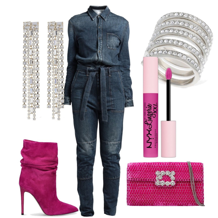 Outfit donna - Total look #1816874. Stile Glamour per Serata fuori. Abbinamento con tute, rossetti, anelli, orecchini, pochette, stivaletti.