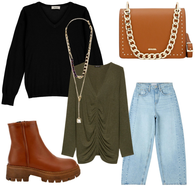 Outfit donna - Total look #1816876. Stile Basic per Scuola/Università. Abbinamento con jeans, stivaletti, pochette, pullovers, collane, t-shirt.