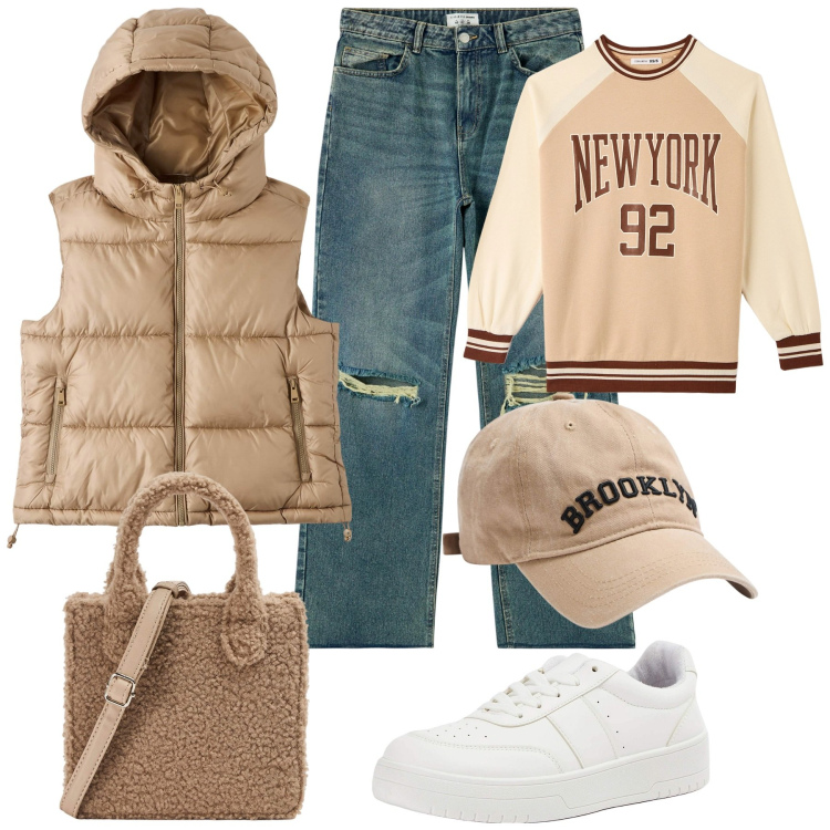 Outfit donna - Terranova Streetwear. Stile Casual chic per Tutti i giorni. Abbinamento con jeans strappati, felpe, piumini, sneakers, shopping bag, cappelli.