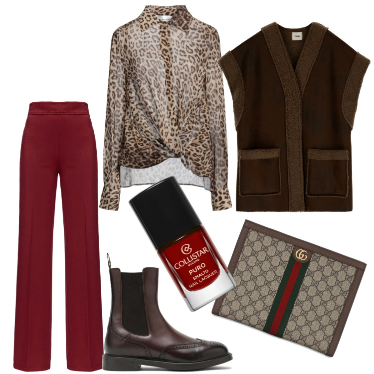 Outfit donna - Pantalone rosso e camicia animalier. Stile Casual per Tutti i giorni. Abbinamento con camicie, smalti, pantaloni, gilet, pochette, stivaletti.